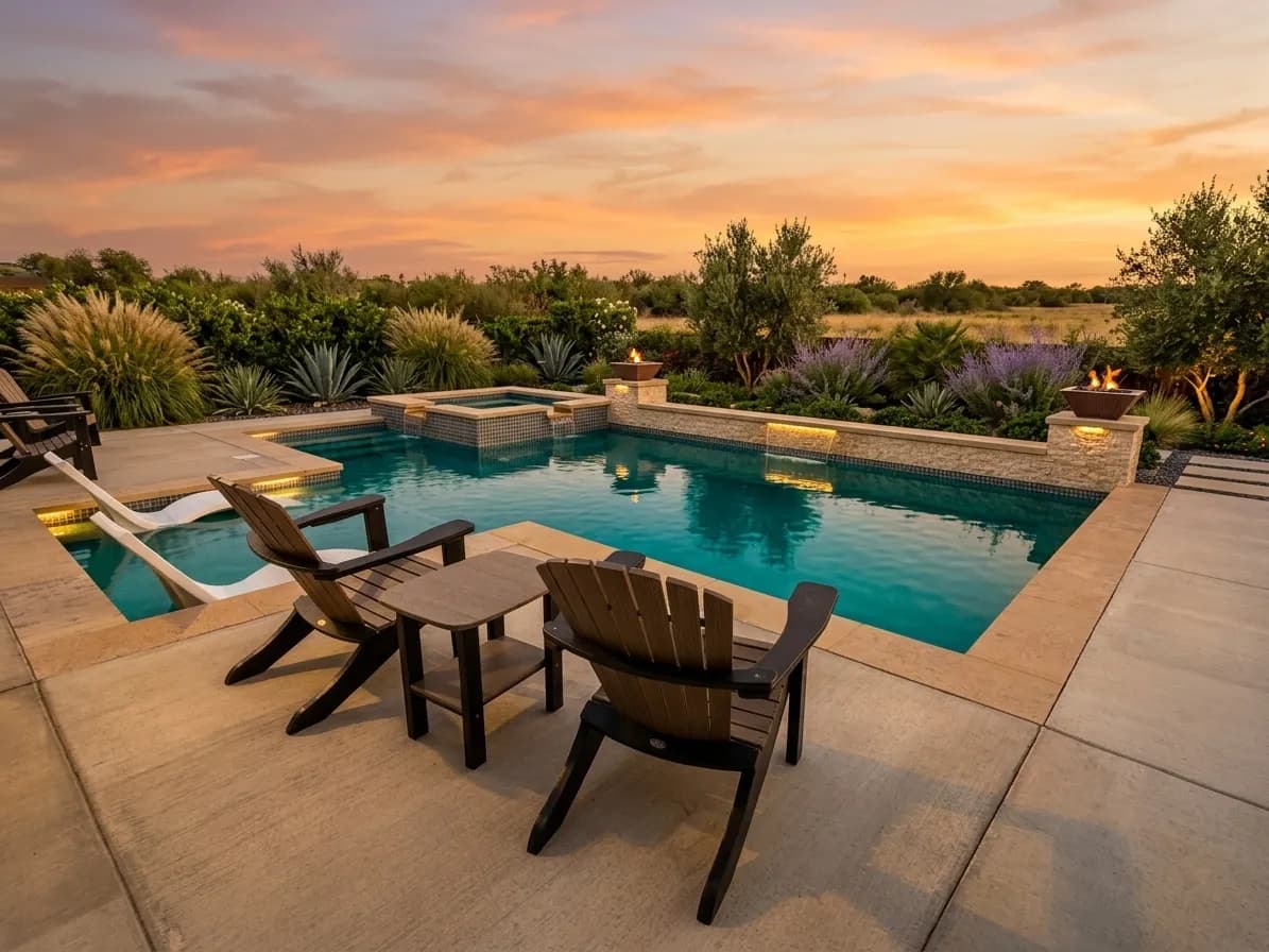 Overview of pool, loungers, and open backyard